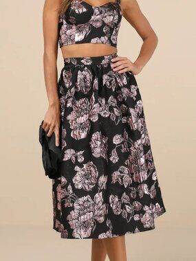 Lulu's Black A-Line Skirt with Pink Floral Foil